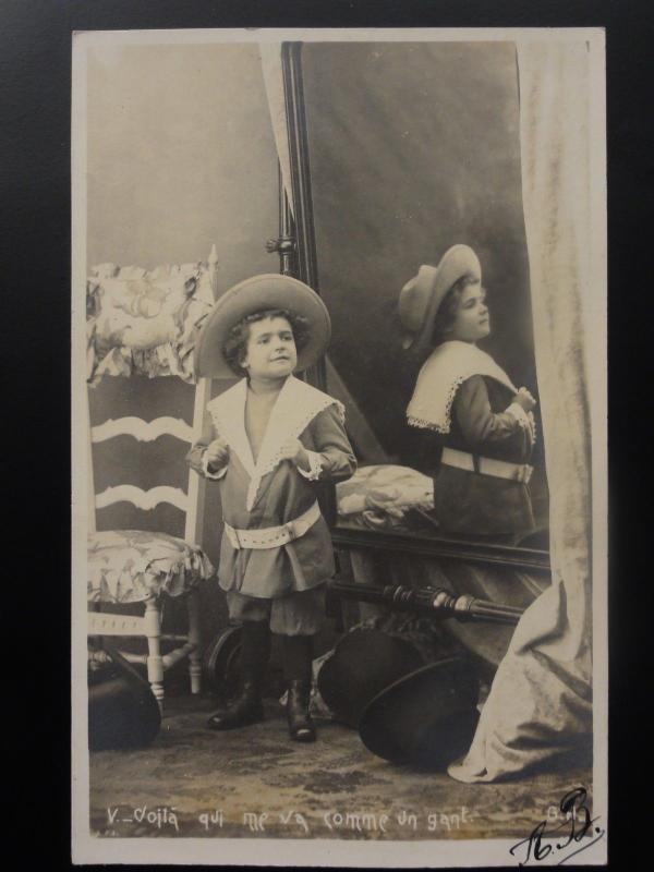 French Set of 5 SMALL CHILD PLAYING AT DRESSING UP IN FRONT OF MIRROR c1903 UB