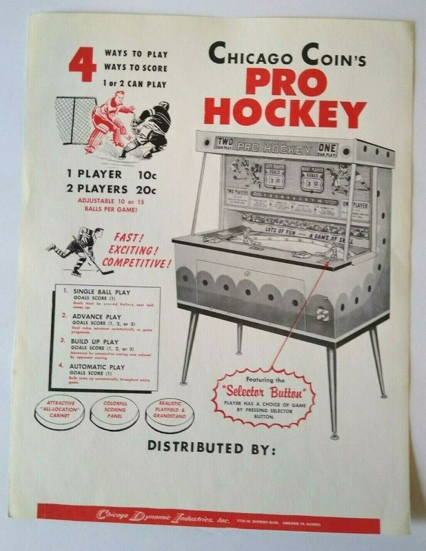 Chicago Coin Pro Hockey Arcade FLYER 1961 Original NOS Mechanical Game Artwork