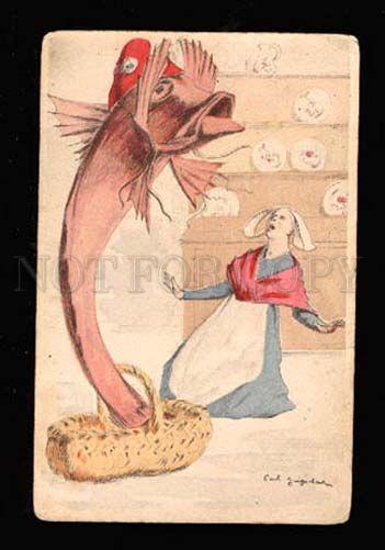 013785 Huge FISH in Hat & COOK Woman Vintage FANTASY PC