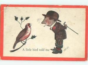 Pre-Linen signed MAN LOOKING AT BIRD ON BRANCH AC5538