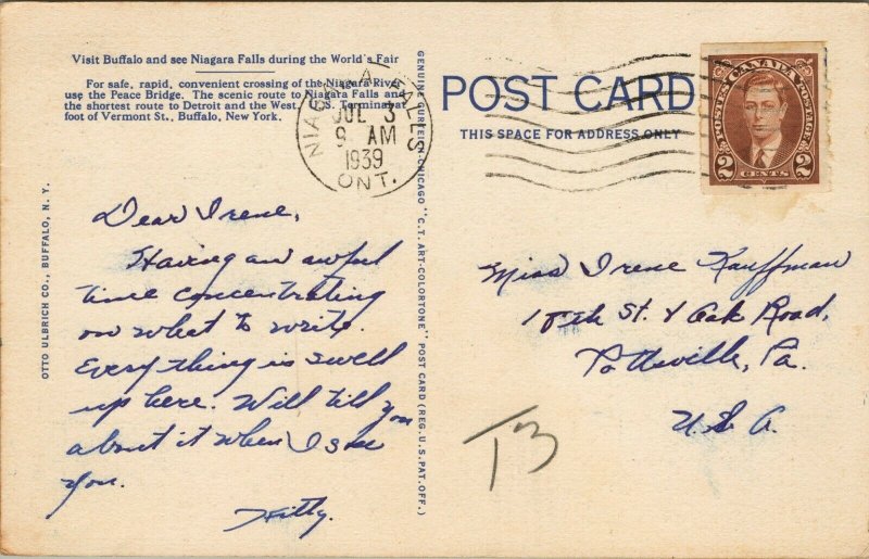 Canada Peace Bridge Between Niagara River Buffalo Linen Postcard 03.60