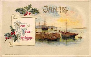 New Year Greetings Sailing Ships Harbor 1914 postcard