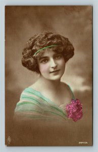 c1910 RPPC Beautiful Woman Flower Corsage Headband Hand Colored Real Photo p3579