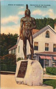 Statue of Massasoit Indian Chief Plymouth Ma Mass Linen Postcard F2