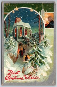 Christmas Night~Families Head to Church Thru Snow Pines~Pipe Organist~1909 TUCK