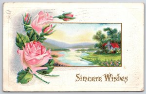 Vintage Postcard 1915 Sincere Wishes Greetings Card Pink Roses Stream near House