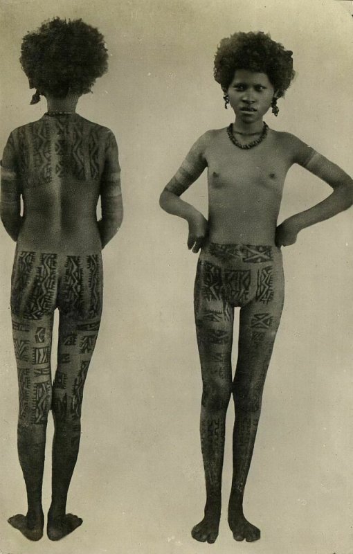 Skinny Nude Native Girl of Unknown Origin with Full Body Tattoo (1920s) RPPC