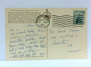 Williamsburg Virginia Bruton Parish Church Interior Postcard
