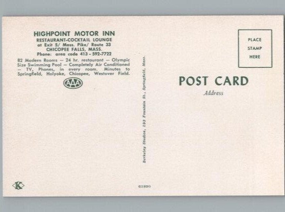 High Poit Motor Inn & Lodge Chicopee Falls MA Postcard
