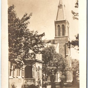 c1910s Marine, ILL RPPC Catholic Church Woman by Brick House Real Photo PC A186