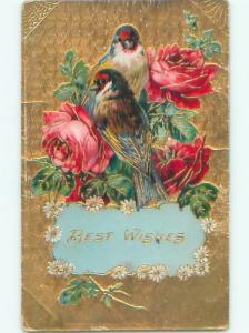 Pre-Linen BEAUTIFUL BIRD SITTING IN THE ROSE FLOWERS W7375