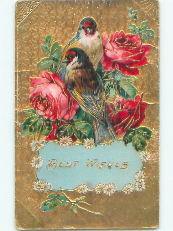 Pre-Linen BEAUTIFUL BIRD SITTING IN THE ROSE FLOWERS W7375