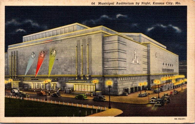 Linen Postcard Municipal Auditorium at Night in Kansas City, Missouri