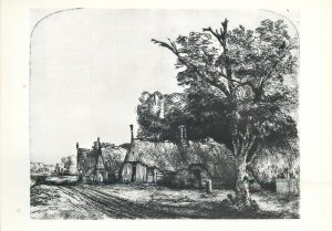 Art Postcard Landscape with three gabled cottages painting by Rembrandt