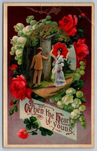 When The Heart Is Young, Couple Under Tree, Roses, Antique 1914 Gelatin Postcard