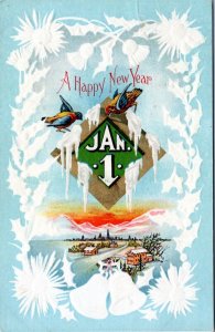 Postcard New Year Samson Brothers S.629 Birds Jan 1 Bell holly border