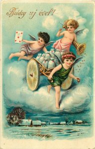 New Year luck cupids angels money bags cart letter greetings chromo 1906 Hungary 