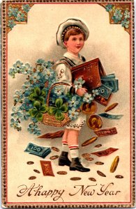 Happy New Year Boy With Coins And Blue Flowers Embossed Vintage Postcard 09.94