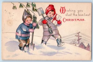 Christmas Postcard Children Playing On Winter With Shovel Gift Bainbridge NY