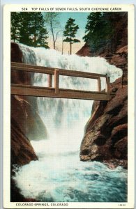 Top Falls of Seven Falls with Bridge Postcard Colorado Springs Postmarked 1985