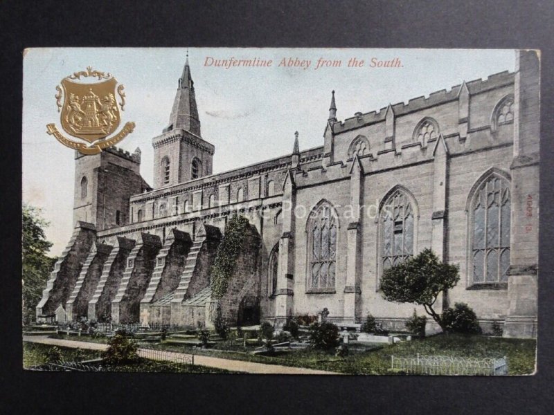 Fife: Dunfermline Abbey from the South / Embossed Gold Heraldic Arms c1905