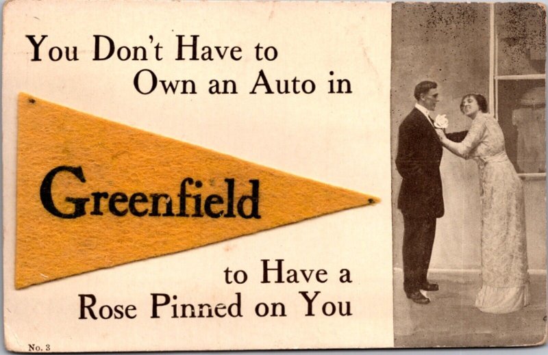 Postcard Felt Pennant Flag Greenfield, Massachusetts Romance Travel Tourism