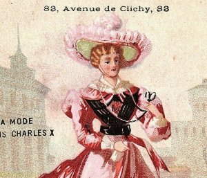 A La Ville De Lillie Trade Card French Victorian La Mode Sous Charles X Pink Hat 