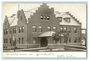 1907 Greetings Muscatine Iowa IA, Hershey Hospital Building Antique Postcard