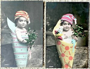 2 Hand Colored Real Photo Postcards Little Girl with Flowers