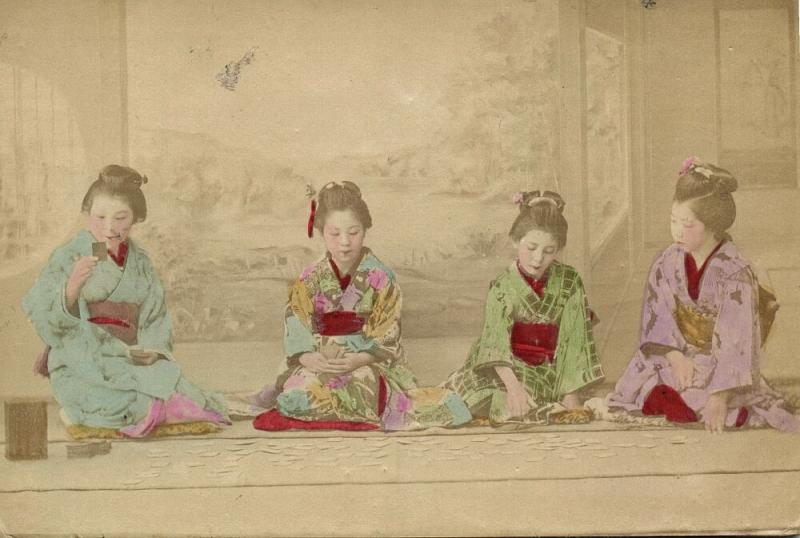 japan, Four Beautiful Geisha Ladies playing at Cards (1899) Hand Painted RPPC