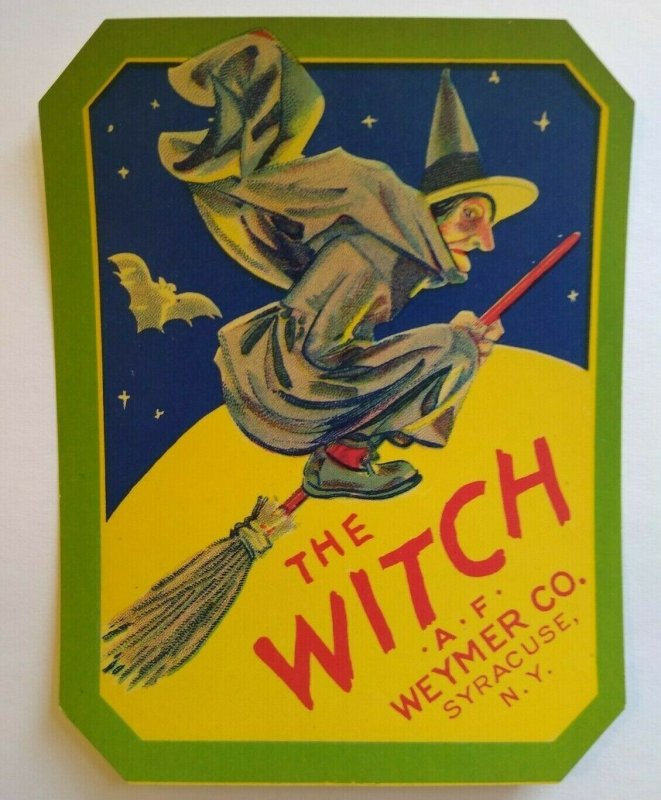 Halloween Vintage Flying Witch Broom Label Original 1920s Moon Stars Vampire Bat 