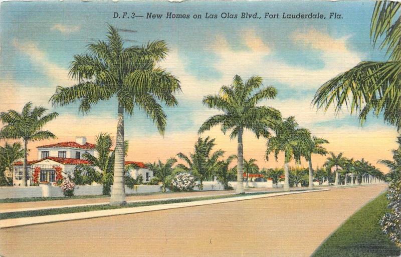 Fort Lauderdale Florida Las Olas Blvd. pm 1944 new homes linen Postcard