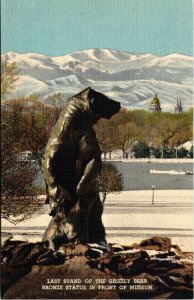 Vtg Last Stand Grizzly Bear Bronze Statue Denver CO Museum 1940s Linen Postcard