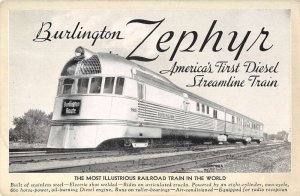 Burlington Route Zephyr Diesel Streamline Train Vintage Postcard AA18689