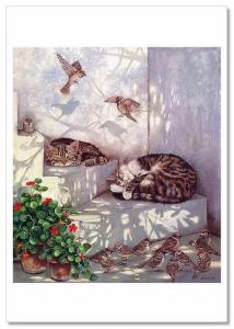 CATS sleeping on the steps in the yard Birds by Ürkün Russian Unposted Postcard