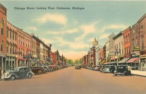 Postcard 1940s Michigan Coldwater Chicago Street West autos Tichnor MI24-4781