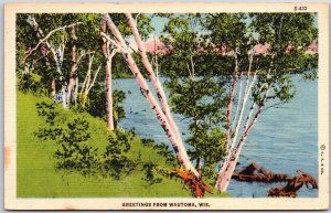 1942 Greetings from Wautoma Wisconsin WI Lake and Trees Posted Postcard