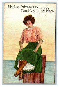 Vintage 1912 Comic Postcard - Woman Sitting on Dock - You may LAND here - Funny