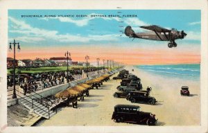 FL Daytona Beach Florida-Boardwalk-Old Cars-Airplane-Vintage c1930 Postcard F10