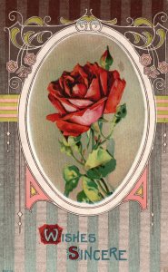 Vintage Postcard 1910s Wishes Sincere Greetings Beautiful Red Rose Flower Framed