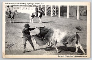 Stryker Rodeo Sam Stewart Texas Cowboy Fighting A Brahma Bull Postcard B45