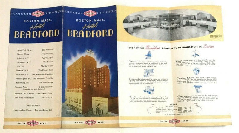 1942 Hotel Bradford Boston Massachusetts MA Advertising Brochure Rate Card 2 Pc. 