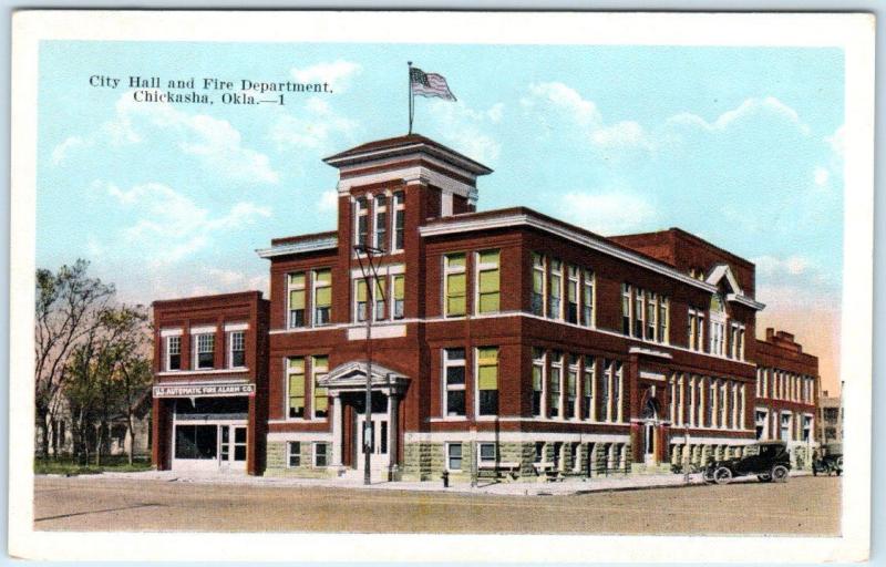 CHICKASHA, Oklahoma  OK   City Hall and FIRE DEPARTMENT  ca 1920s  Postcard