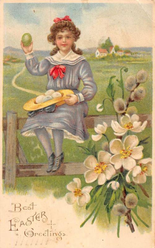 Easter Greeting Girl On Fence Eggs In Hat Antique Postcard K78548