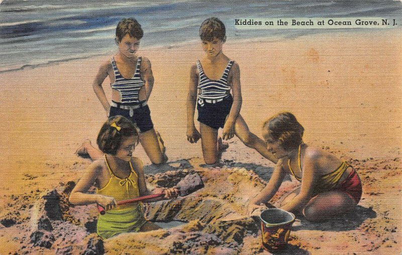 Kiddies On the Beach at Ocean Grove, New Jersey, Early Linen Postcard, Unused 