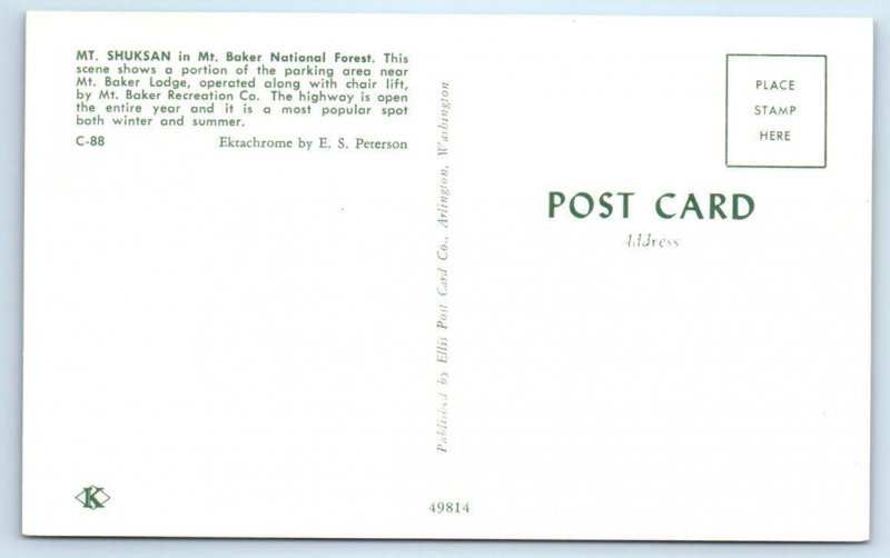 MT. SHUKSAN, Washington WA ~ Skiers Parking MT. BAKER LODGE c1950s Postcard