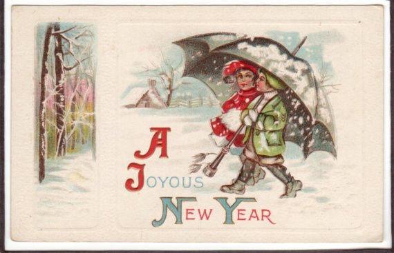 Two Girls Umbrella Snow New Year Holiday postcard