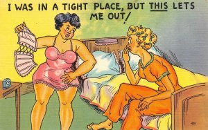 Comic  TIGHT PLACE~This Let's Me Out!  Woman Takes Off Girdle  TICHNOR  Postcard