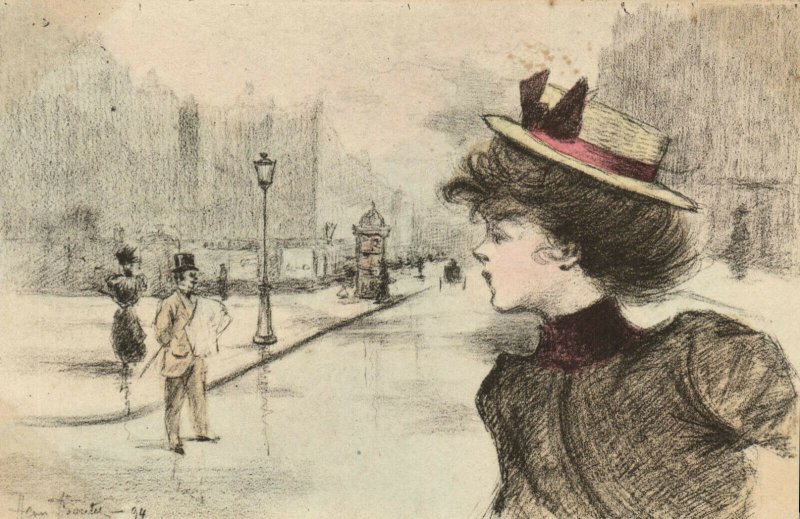 PC CPA ARTIST SIGNED HENRI BOUTET LADY & STREET SCENE Vintage Postcard (b25549)