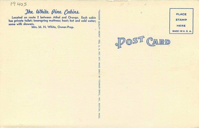 Orange Massachusetts roadside 1940s White Pines Cabins Postcard 8352
